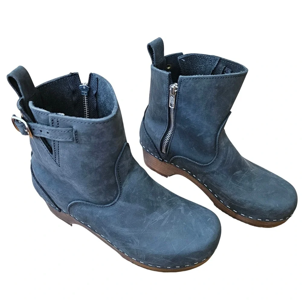 Sandgrens Clog Boots Women 39 Black Nubuck Leather‎ Good Wooden Heel Zip Ankle